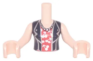 Torso Mini Doll Woman Black Vest over Red Shirt with Cherries, Long Necklace Pattern, Light Nougat Arms with Hands