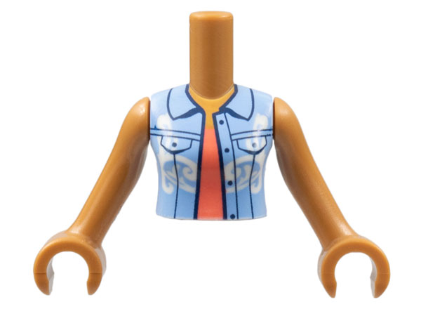 Torso Mini Doll Woman Bright Light Blue Vest with White Filigree over Coral Shirt Pattern, Medium Nougat Arms with Hands