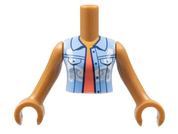 Torso Mini Doll Woman Bright Light Blue Vest with White Filigree over Coral Shirt Pattern, Medium Nougat Arms with Hands