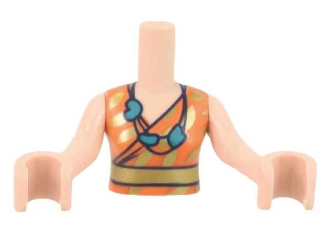 Torso Mini Doll Woman Orange and Gold Sleeveless Shirt and Belt, Dark Turquoise Beaded Necklace Pattern, Light Nougat Arms with Hands