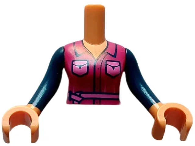 Torso Mini Doll Woman Magenta Top with Bright Pink Pockets and Ribbon Pattern, Nougat Arms with Hands with Dark Blue Long Sleeves