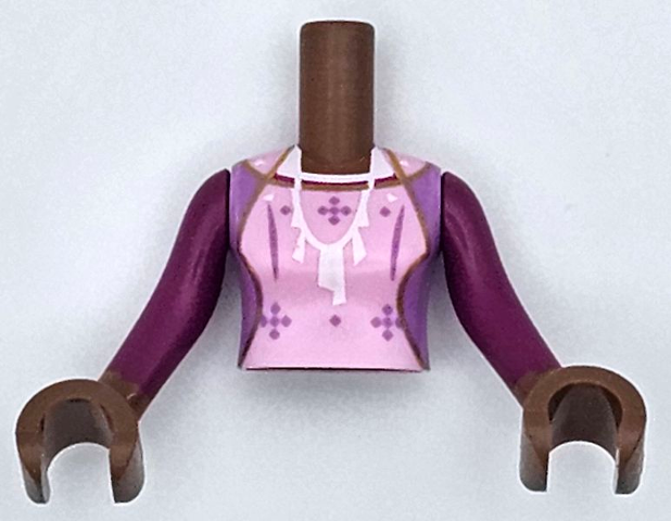 Torso Mini Doll Woman Bright Pink Dress Top with Medium Lavender Sides, Stars and Stripes, and White Necklace Pattern, Medium Brown Arms and Hands with Magenta Long Sleeves