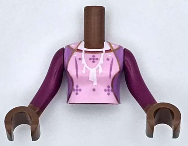 Torso Mini Doll Woman Bright Pink Dress Top with Medium Lavender Sides, Stars and Stripes, and White Necklace Pattern, Medium Brown Arms and Hands with Magenta Long Sleeves