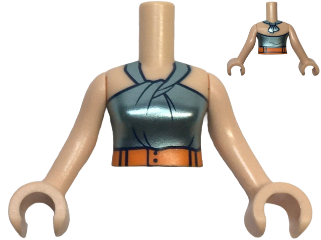 Torso Mini Doll Woman Metallic Light Blue Halter Top with Dark Blue Trim and Orange Belt Pattern, Light Nougat Arms with Hands