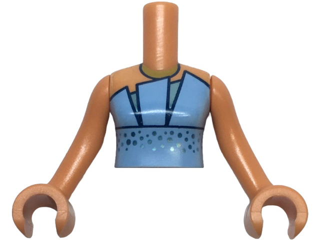 Torso Mini Doll Woman Bright Light Blue Strapless Dress Top with Dark Blue Trim, Metallic Light Blue Undershirt and Dots Pattern, Nougat Arms with Hands