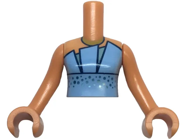 Torso Mini Doll Woman Bright Light Blue Strapless Dress Top with Dark Blue Trim, Metallic Light Blue Undershirt and Dots Pattern, Nougat Arms with Hands