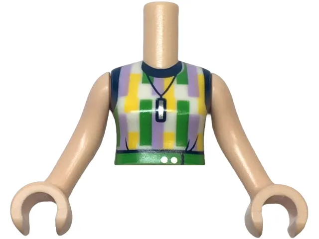 Torso Mini Doll Woman White Sleeveless Top with Dark Blue Trim, Lavender, Yellow and Green Rectangles, Belt and Silver Necklace Pattern, Light Nougat Arms with Hands