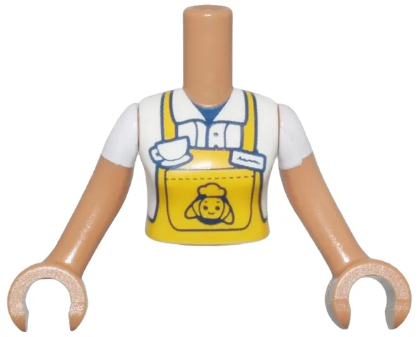 Torso Mini Doll Woman Bright Light Orange Apron over Shirt, White Coffee Cup, Croissant on Back Pattern, Medium Nougat Arms with Hands with White Short Sleeves