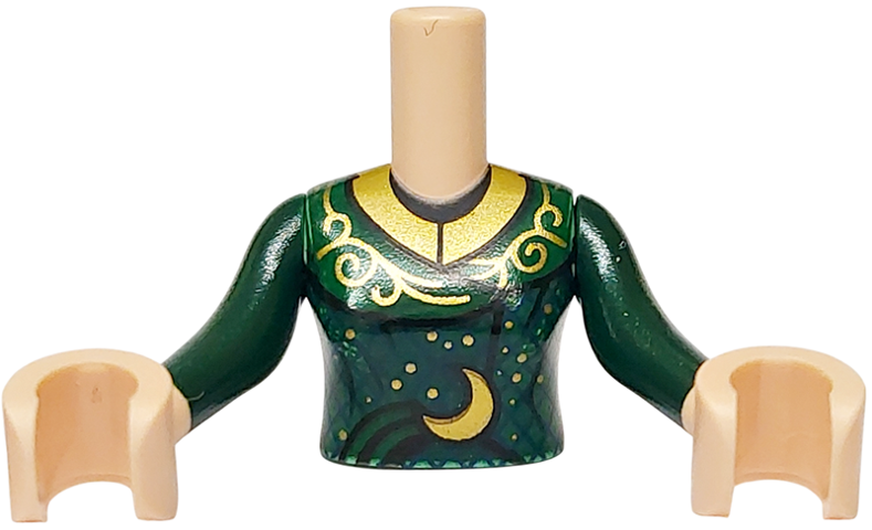 Torso Mini Doll Woman Dark Green Dress Top, Gold Collar, Sparkles, Filigree and Crescent Moon Pattern, Light Nougat Arms with Hands with Dark Green Long Sleeves