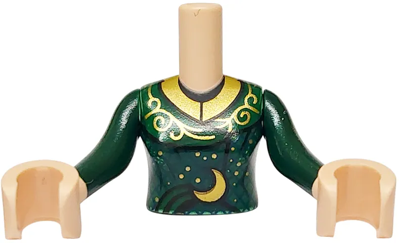 Torso Mini Doll Woman Dark Green Dress Top, Gold Collar, Sparkles, Filigree and Crescent Moon Pattern, Light Nougat Arms with Hands with Dark Green Long Sleeves