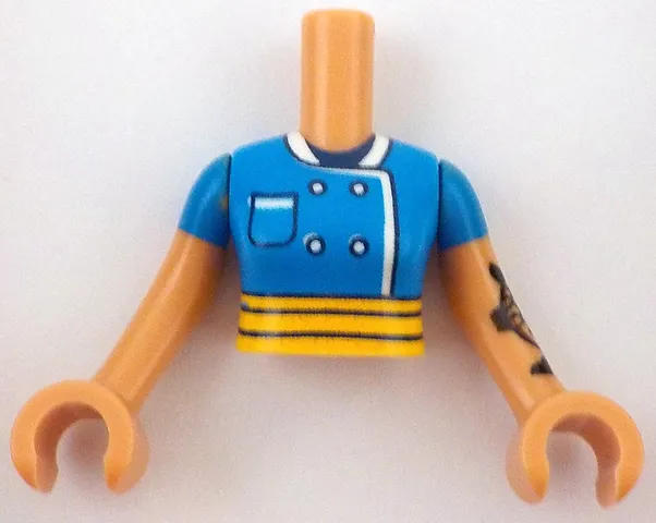 Torso Mini Doll Woman Dark Azure Chef Jacket with Pocket and White Trim, Dark Blue Neck and Bright Light Orange Apron Belt Pattern, Nougat Arms with Hands with Dark Azure Short Sleeves and Black Fish and Heart Tattoos on Left Arm