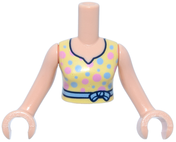 Torso Mini Doll Woman Bright Light Yellow Dress Top, Black Trim, Bright Light Blue and Bright Pink Dots, Belt with Bow Pattern, Light Nougat Arms with Hands
