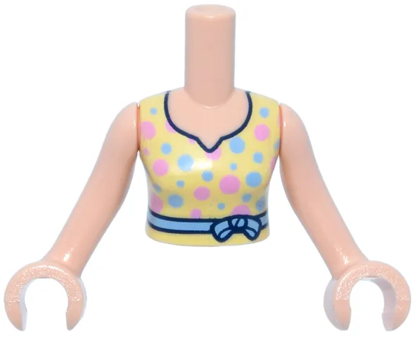 Torso Mini Doll Woman Bright Light Yellow Dress Top, Black Trim, Bright Light Blue and Bright Pink Dots, Belt with Bow Pattern, Light Nougat Arms with Hands