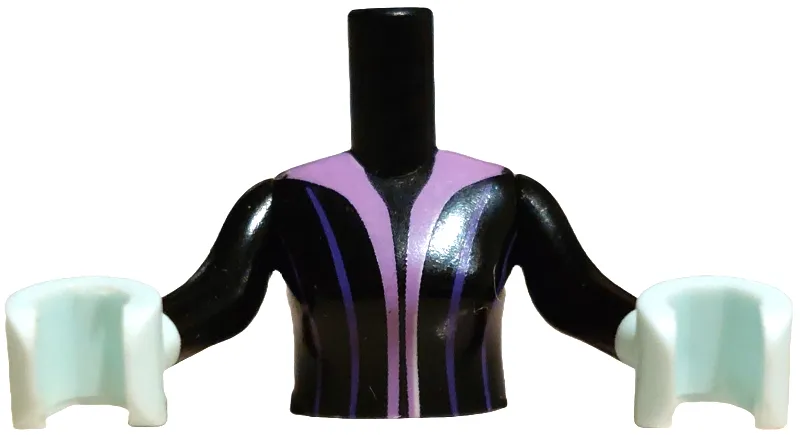 Torso Mini Doll Woman Dress Top with Medium Lavender Trim and Dark Purple Stripes Pattern, Light Aqua Arms with Hands with Black Long Sleeves