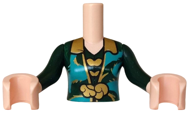 Torso Mini Doll Woman Dark Green Dress Top, Gold Collar, Clasp and Butterflies, Dark Turquoise Fur Insets Pattern, Light Nougat Arms with Hands with Dark Green Long Sleeves