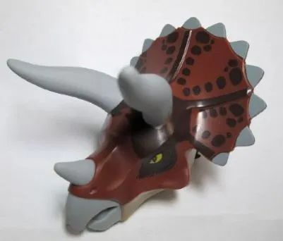 Dinosaur Head Triceratops with Pin, Light Bluish Gray Horns and Beak, Reddish Brown Top with Dark Brown Pattern