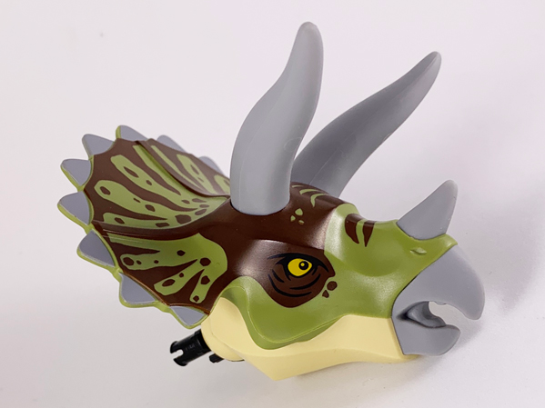Dinosaur Head Triceratops with Pin, Light Bluish Gray Horns and Beak, Olive Green Top with Dark Brown Pattern