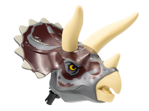 Dinosaur Head Triceratops with Pin, Tan Horns and Beak, Dark Red Markings, and Tan Scars Pattern