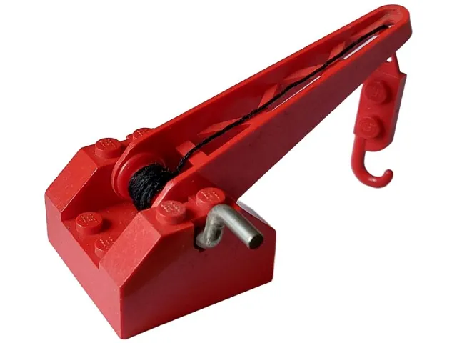 String Reel Winch 4 x 4 x 2 with Sloped Top, Metal Handle, Red Drum and Crane Arm with String and Crane Hook Right