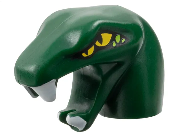 Minifigure, Head, Modified Snake Short Neck with Open Mouth with White Fangs, Yellow Eyes and Lime Spots Pattern
