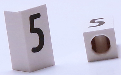 Tile, Modified 1 x 2 x 5/6 Stud Hole in End with Black Number 5 Pattern