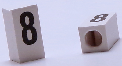 Tile, Modified 1 x 2 x 5/6 Stud Hole in End with Black Number 8 Pattern