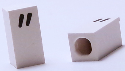 Tile, Modified 1 x 2 x 5/6 Stud Hole in End with Black Quotation Mark (") Pattern