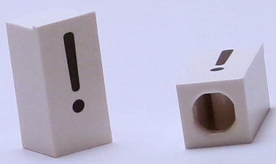 Tile, Modified 1 x 2 x 5/6 Stud Hole in End with Black Exclamation Mark (!) Pattern