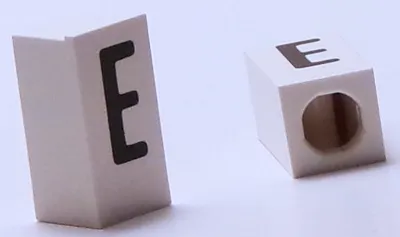 Tile, Modified 1 x 2 x 5/6 Stud Hole in End with Black Capital Letter E Pattern