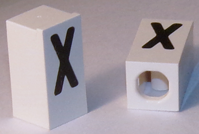 Tile, Modified 1 x 2 x 5/6 Stud Hole in End with Black Capital Letter X Pattern