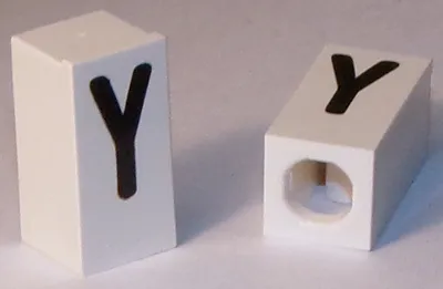 Tile, Modified 1 x 2 x 5/6 Stud Hole in End with Black Capital Letter Y Pattern