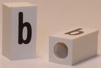 Tile, Modified 1 x 2 x 5/6 Stud Hole in End with Black Lowercase Letter b Pattern