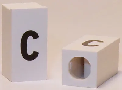 Tile, Modified 1 x 2 x 5/6 Stud Hole in End with Black Lowercase Letter c Pattern