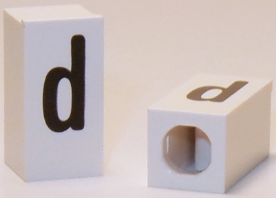 Tile, Modified 1 x 2 x 5/6 Stud Hole in End with Black Lowercase Letter d Pattern