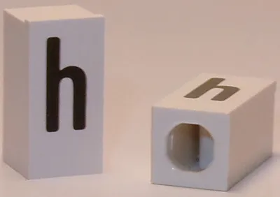 Tile, Modified 1 x 2 x 5/6 Stud Hole in End with Black Lowercase Letter h Pattern