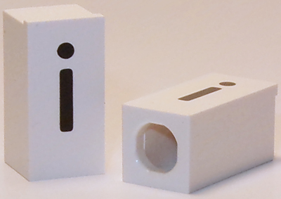 Tile, Modified 1 x 2 x 5/6 Stud Hole in End with Black Lowercase Letter i Pattern