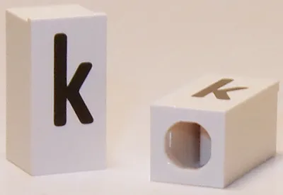 Tile, Modified 1 x 2 x 5/6 Stud Hole in End with Black Lowercase Letter k Pattern