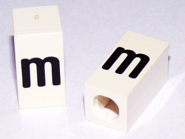 Tile, Modified 1 x 2 x 5/6 Stud Hole in End with Black Lowercase Letter m Pattern