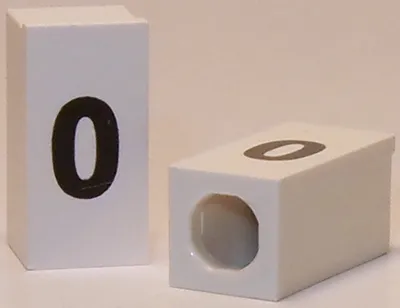 Tile, Modified 1 x 2 x 5/6 Stud Hole in End with Black Lowercase Letter o Pattern