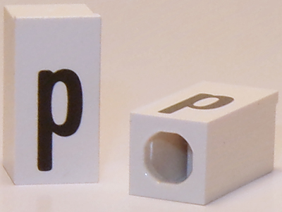 Tile, Modified 1 x 2 x 5/6 Stud Hole in End with Black Lowercase Letter p Pattern