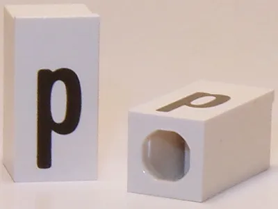 Tile, Modified 1 x 2 x 5/6 Stud Hole in End with Black Lowercase Letter p Pattern
