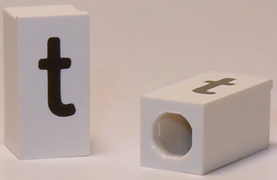 Tile, Modified 1 x 2 x 5/6 Stud Hole in End with Black Lowercase Letter t Pattern
