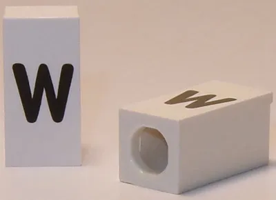 Tile, Modified 1 x 2 x 5/6 Stud Hole in End with Black Lowercase Letter w Pattern