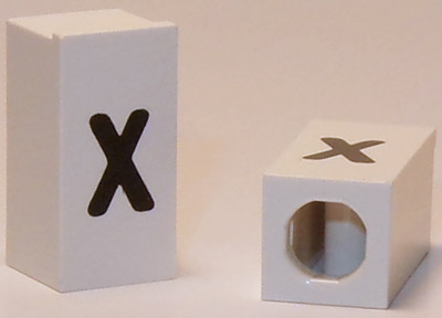 Tile, Modified 1 x 2 x 5/6 Stud Hole in End with Black Lowercase Letter x Pattern