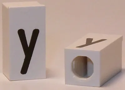 Tile, Modified 1 x 2 x 5/6 Stud Hole in End with Black Lowercase Letter y Pattern
