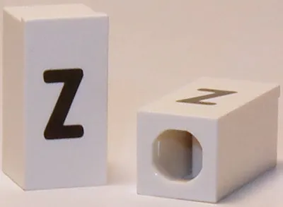 Tile, Modified 1 x 2 x 5/6 Stud Hole in End with Black Lowercase Letter z Pattern