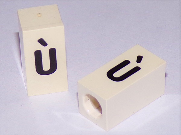 Tile, Modified 1 x 2 x 5/6 Stud Hole in End with Black Lowercase Letter u with Grave (ù) Pattern