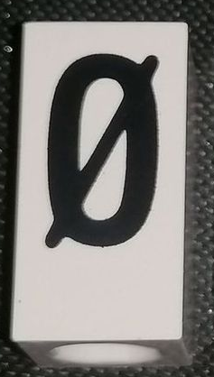 Tile, Modified 1 x 2 x 5/6 Stud Hole in End with Black Capital Letter O with Stroke (Ø) Pattern