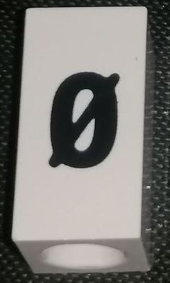 Tile, Modified 1 x 2 x 5/6 Stud Hole in End with Black Lowercase Letter o with Stroke (ø) Pattern