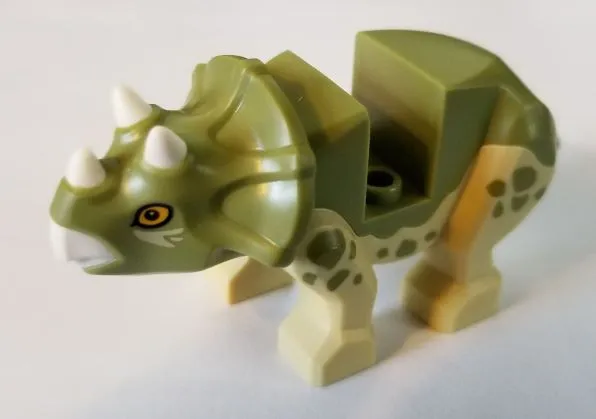 Dinosaur Triceratops Baby with Fixed Olive Green Top with Molded White Horns and Beak and Printed Bright Light Orange Eyes and Olive Green Spots Pattern